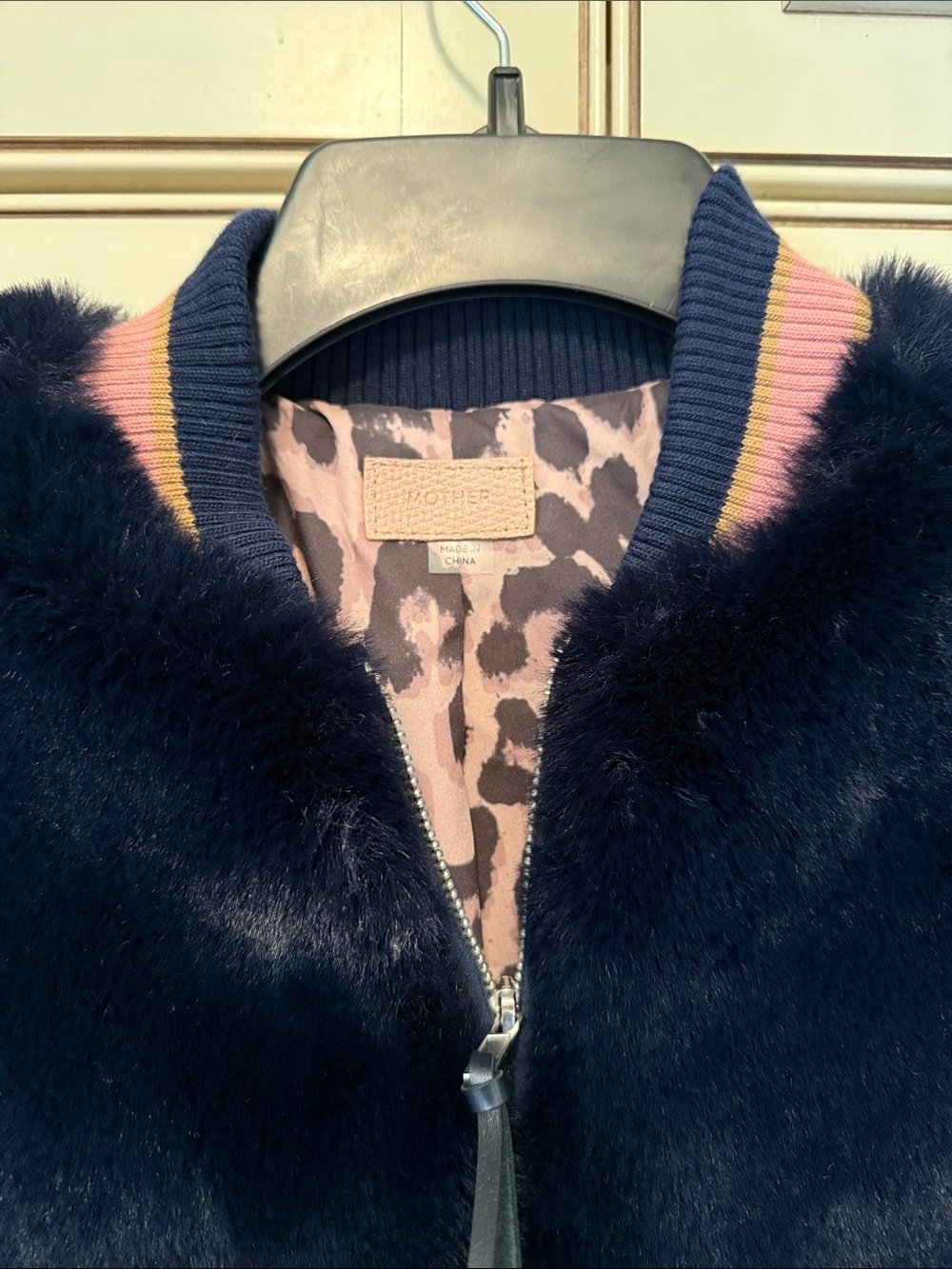 MOTHER Blue Teddy Faux Fur Varsity Jacket with Pink Accents & Leopard lining - Picture 2 of 6